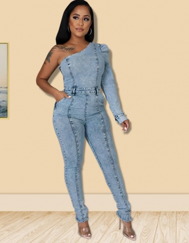 Casual one-sided sleeve denim jumpsuit