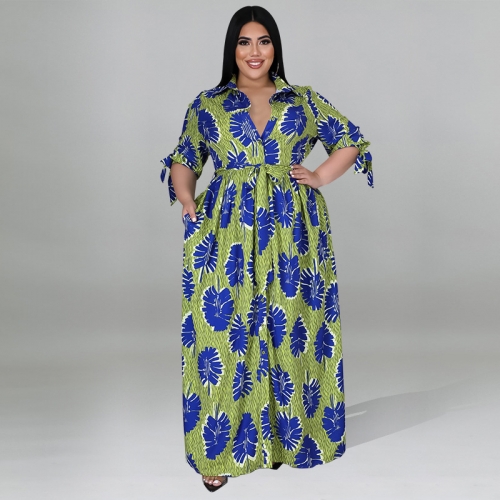 Trendy plus size loose print strap maxi dress