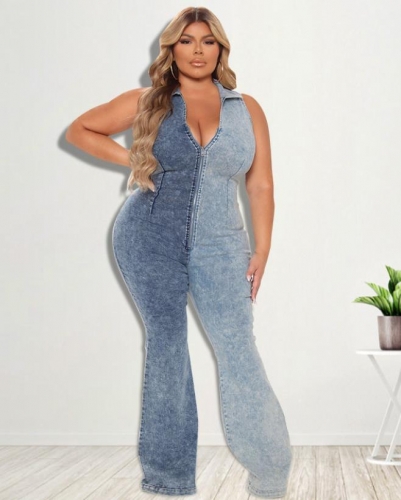 Trendy lapel zipper design plus size denim jumpsuit