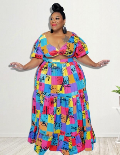 Fashion graffiti print plus size skirt suit