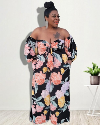 Fashion plus size off-shoulder floral print jumpsuit