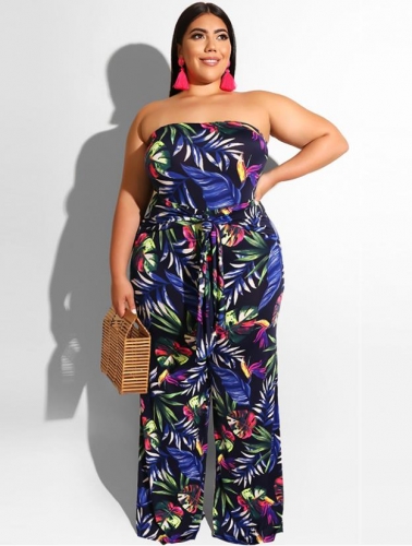 Street plus size off-shoulder printed jumpsuit