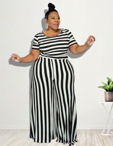 Trendy plus size striped printed pants suit