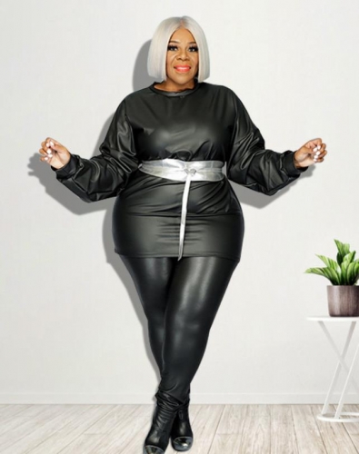 Casual plus size solid color leather pants suit