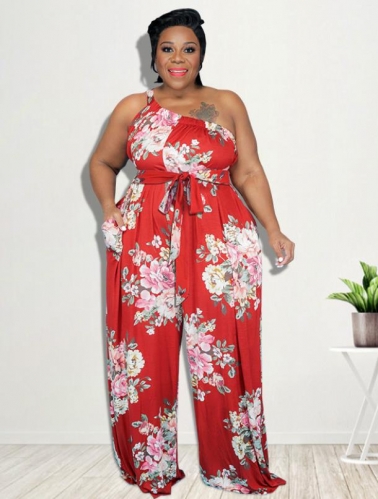 Casual plus size flower print jumpsuit