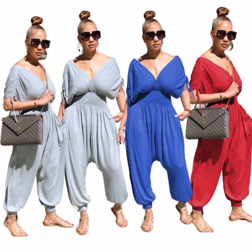 Casual loose V-neck drawstring hem pants jumpsuit