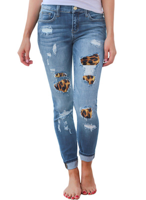 Leopard print hole patch elastic jeans