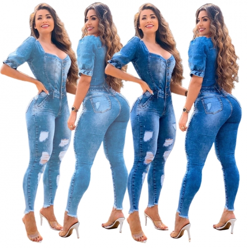 Casual sexy denim spray white hole Jumpsuit