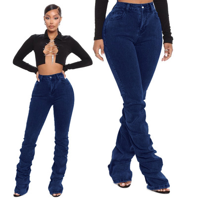 Pile up denim pleated pants