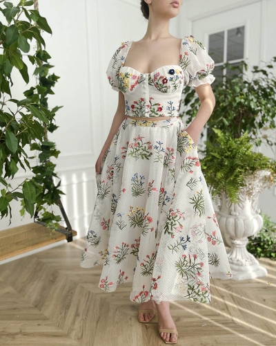 Elegant cross strap halter strap dress embroidered dress