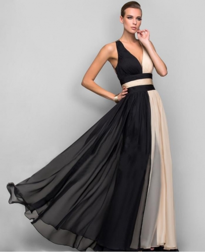 Elegant V-neck sleeveless color matching maxi dress