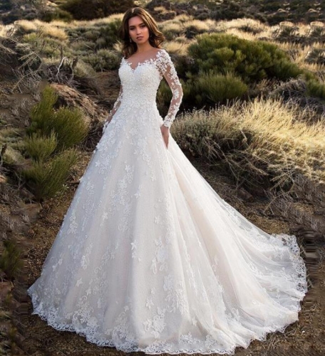 Elegant One Shoulder Bridal Wedding Dress Long Sleeve Dress