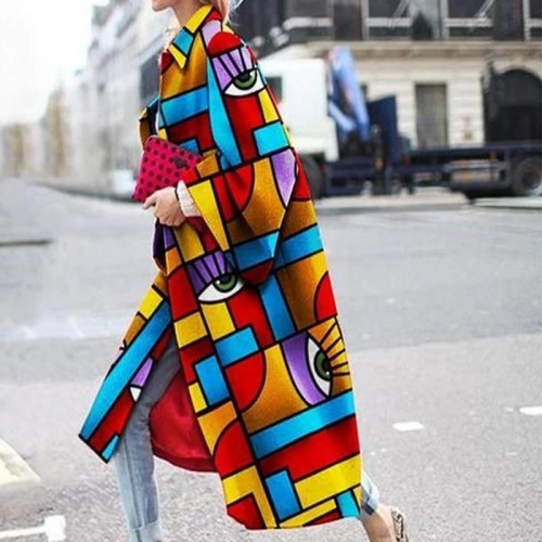 Elegant flared sleeve geometric print long loose coat