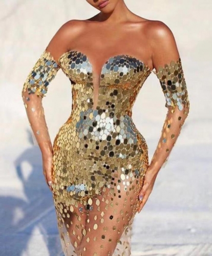 Elegant off-shoulder sequined mesh patchwork dress