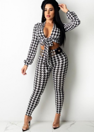 Fashion Houndstooth Print Knotted Pants Set