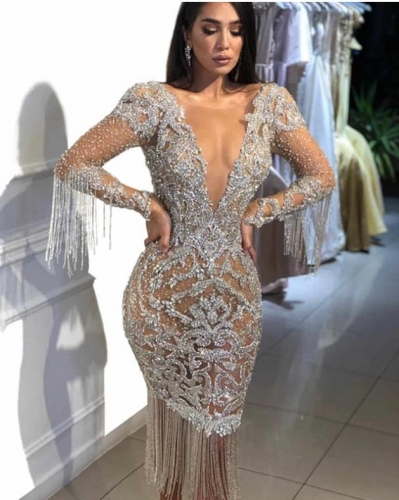 Sexy see-through mesh stitching fringed dress