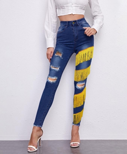 Fashion slim-fit ripped fringed jeans
