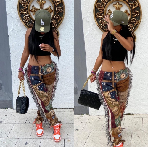 Fashion cartoon print tassel casual pants