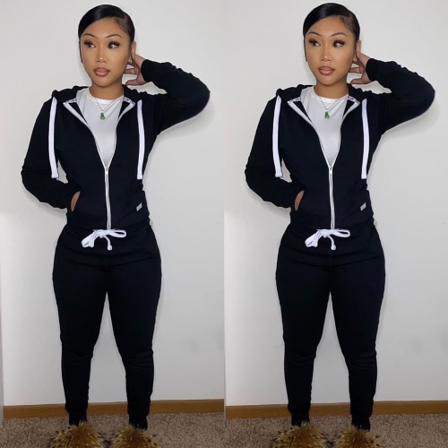 Casual hooded two-piece pants suit