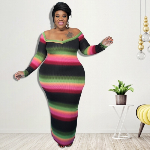 Casual plus size striped printed pit stripe off-the-shoulder dress