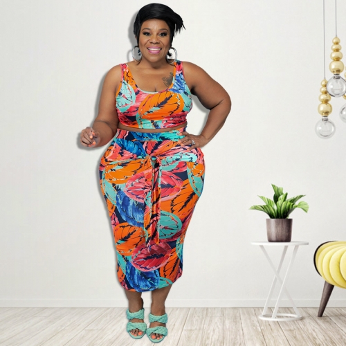 Casual plus size printed skirt suit