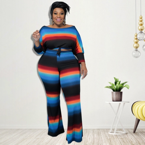 Casual large size striped printed pit striped pants suit