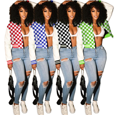 Fashion Button checkerboard printed Baseball Jacket thread jacket