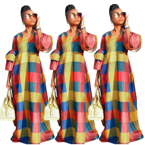 Colorful Plaid Lantern Sleeve floor length skirt