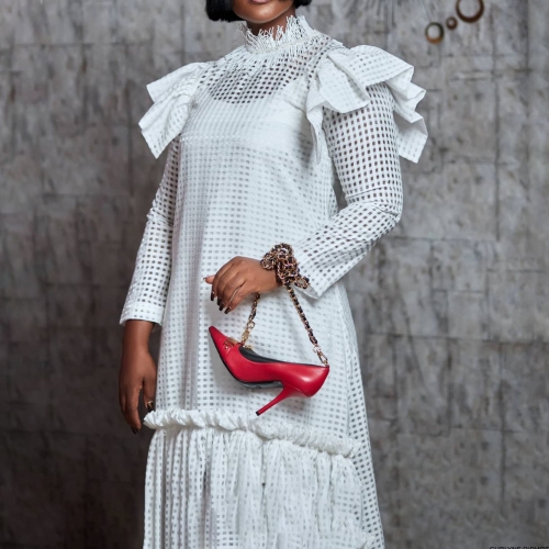 Fashion high-waist stand-up collar mesh stitching long-sleeved dress