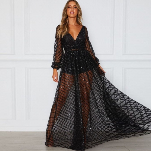 Sexy V-neck sequined maxi dress