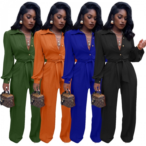 Casual Lapel Lace-up One Piece Jumpsuit