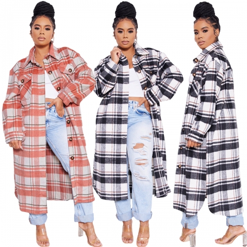 Casual plaid single-breasted long woolen coat