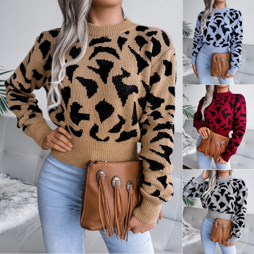 Casual leopard waist closed knit navel sweater