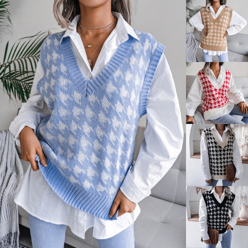 V-neck thousand bird lattice casual loose knit vest Sweater Vest