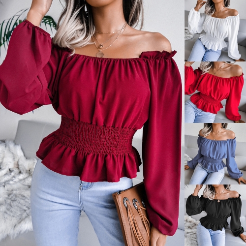 Sexy herringbone neck off shoulder hem ruffled Chiffon Top