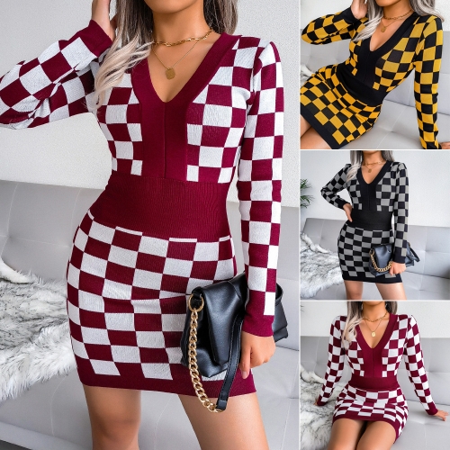 V-neck checkerboard Plaid hip skirt knitted dress