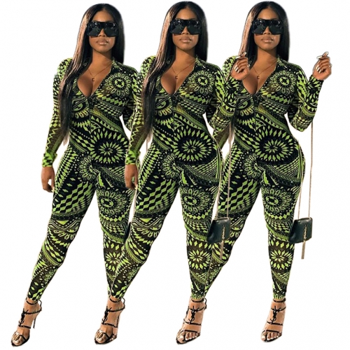 Printed sexy zipper casual Jumpsuit
