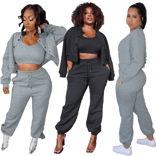 Solid color casual sportswear three piece set