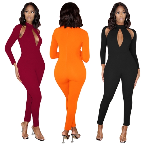 Solid color long sleeve sexy hip lifting hollow Jumpsuit