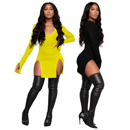 Solid color high waist V-neck double split Sexy Long Sleeve Dress