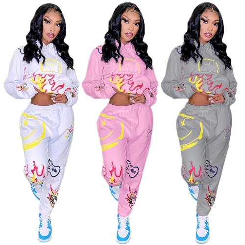 Fashion hooded positioning printed sweater pants set two-piece set