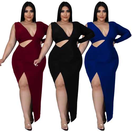 Solid color single sleeve sexy hollow out dress