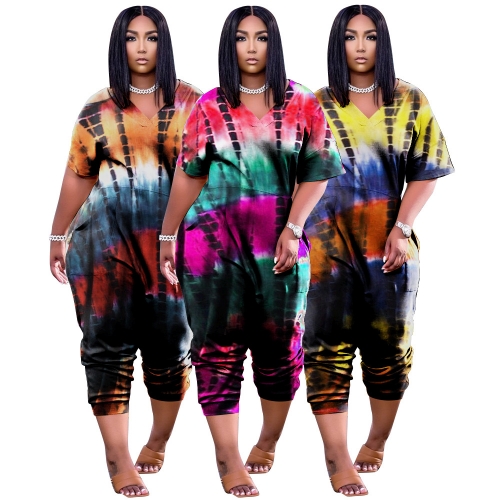 Casual color blocking positioning print loose large Jumpsuit