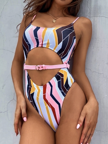 Charming Print Cutout One Piece Swimsuit