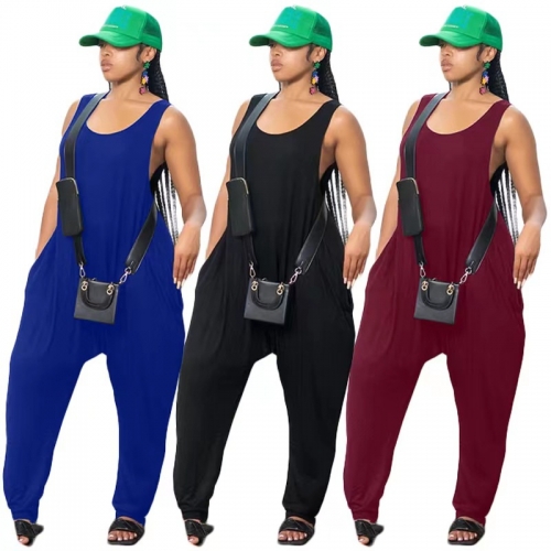 Street loose sleeveless Pocket Vest Jumpsuit