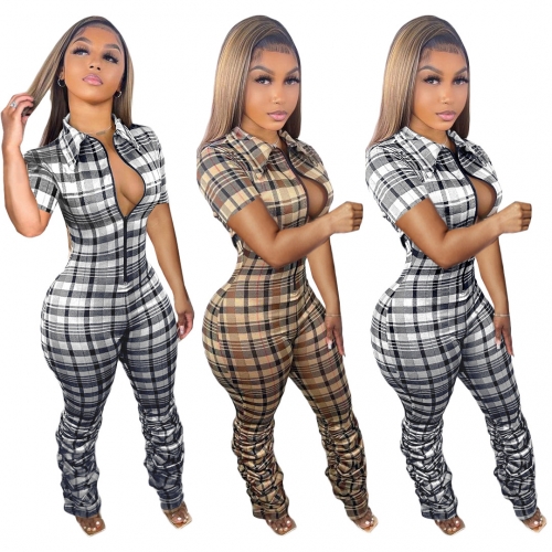 Printed slim fit wrinkled zipper short sleeve Jumpsuit