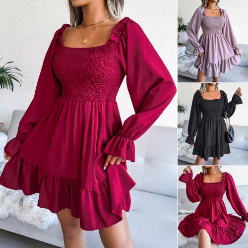 Square neck trumpet Long Sleeve Ruffle large swing dress