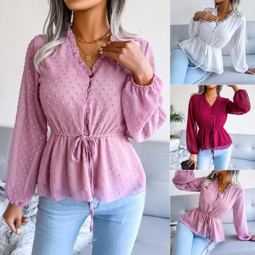 Lantern Long Sleeve Ruffle lace up waist wave point chiffon shirt