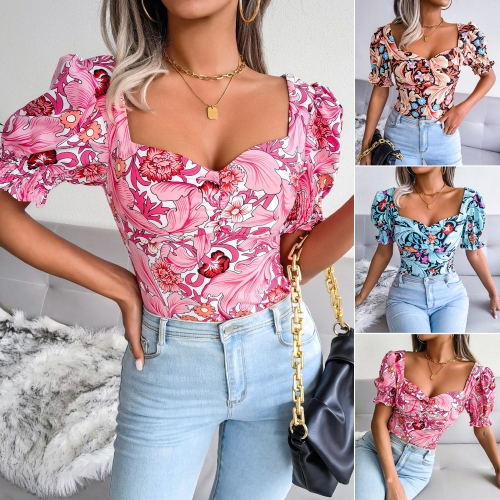 Sexy square collar Floral Chiffon Shirt Top