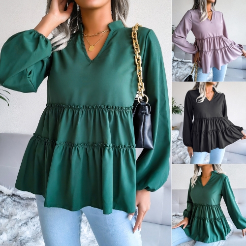 Lantern long sleeved casual loose ruffled Chiffon Top